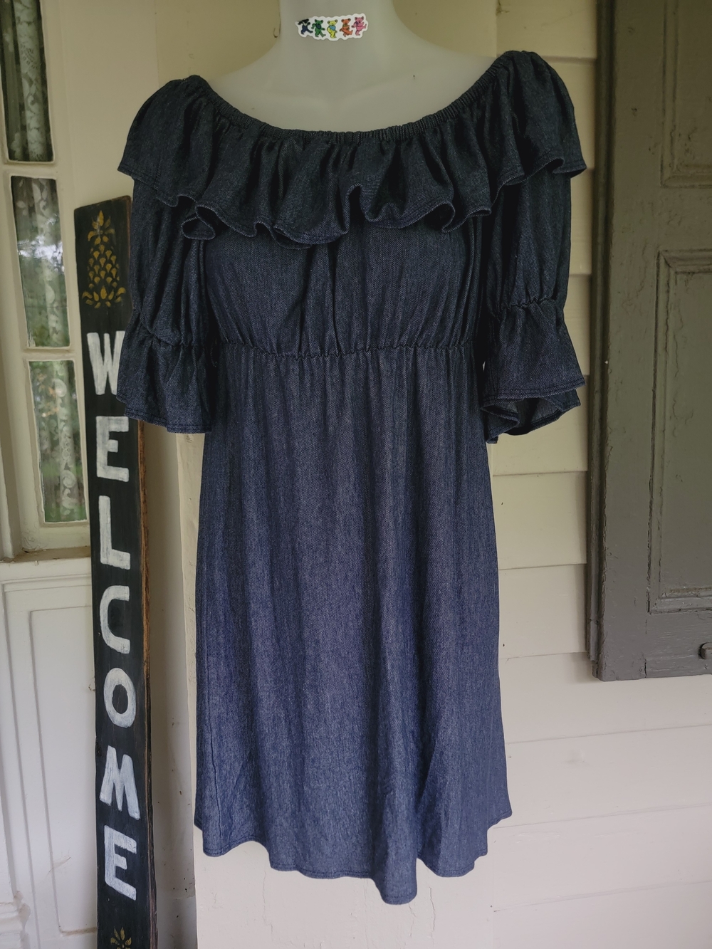 Vava by Joy Han Dark Blue Indigo Off-Shoulder Ruffle Mini Dress Y2k Faux Denim